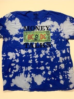 AC/DC Royal Blue Tee with White Bleach Splatter and Green Dollar Graphic Size 2X